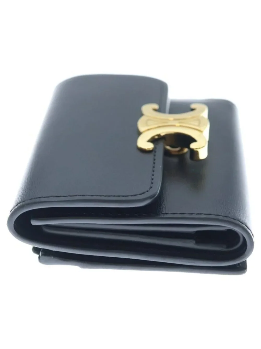 Celine Triomphe Shiny Calfskin Gold Trifold Wallet Compact Black